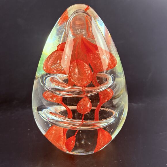 Art Glass Paperweight Egg Hand Blown Red Flame Swirl Teardrop Murano Style 4.5” - Picture 1 of 8